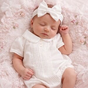 Something Pretty Baby White Pintuck Peter Pan Collar Bubble Romper One‎ Piece